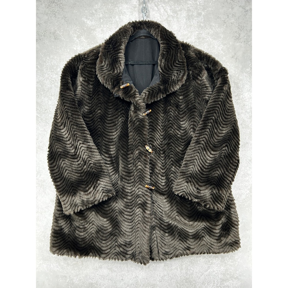 Bianca Nygard Womens Brown Faux Fur Chevron Wavy Toggle Coat SZ 3XL
